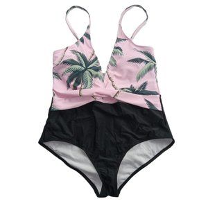 Iffei Women's One Piece Swimsuit Size XL Pink Black Palm Print Removable Pads